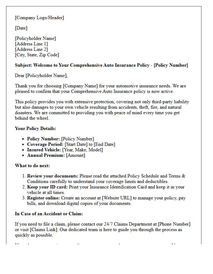Welcome Letter for Comprehensive Auto Insurance Policyholders