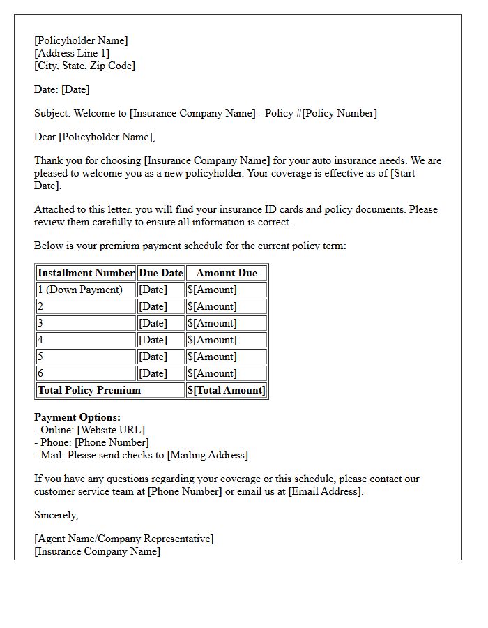 Welcome Letter with Auto Insurance Premium Payment Schedule