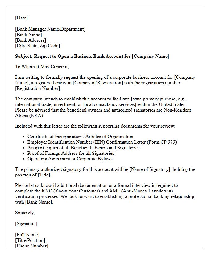 Corporate Letter of Request for Non-Resident Alien Business Account Opening