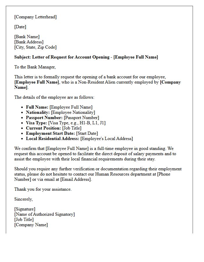 Employer Sponsored Letter of Request for Non-Resident Alien Account Opening