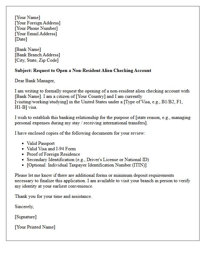 Letter of Request for Non-Resident Alien Checking Account Opening