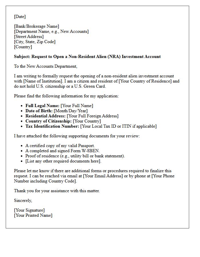 Letter of Request for Non-Resident Alien Investment Account Opening