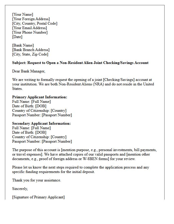 Letter of Request for Non-Resident Alien Joint Account Opening