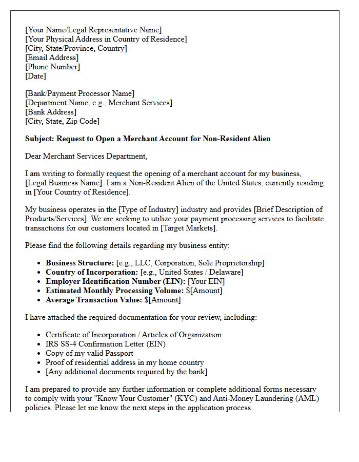 Letter of Request for Non-Resident Alien Merchant Account Opening
