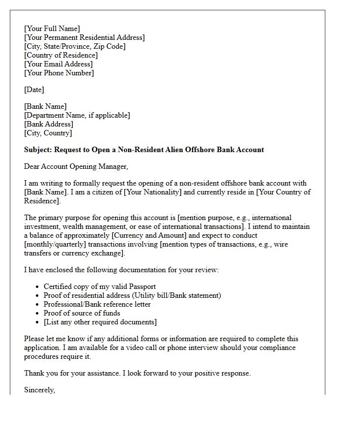 Letter of Request for Non-Resident Alien Offshore Account Opening