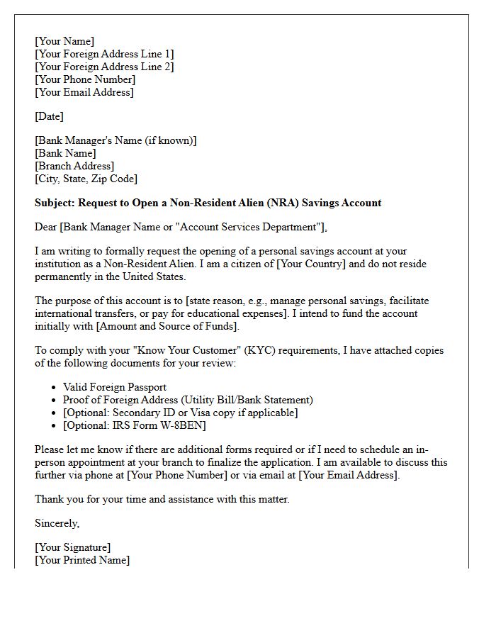 Letter of Request for Non-Resident Alien Savings Account Opening