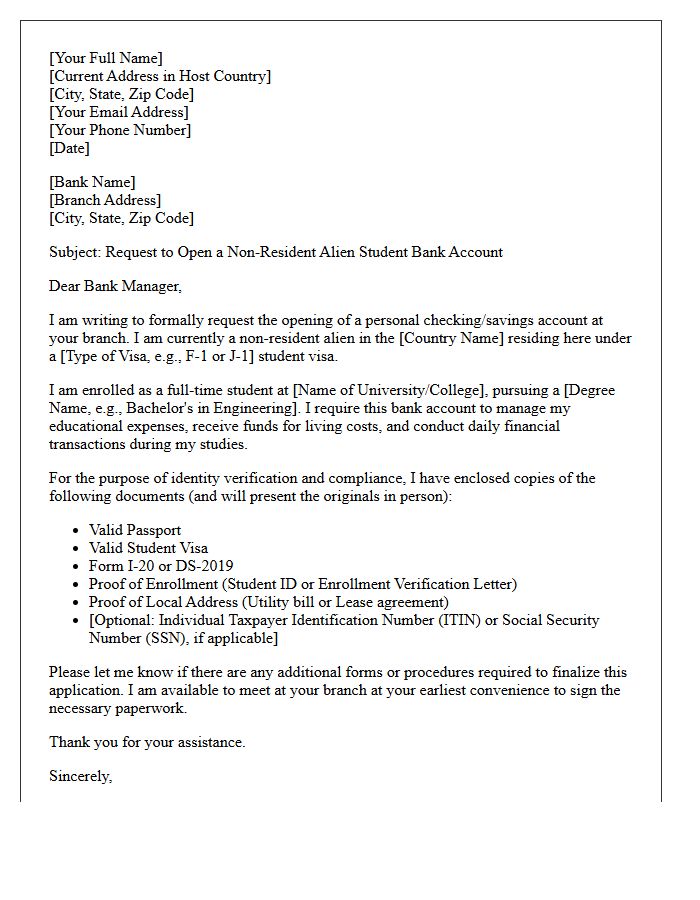 Letter of Request for Non-Resident Alien Student Account Opening