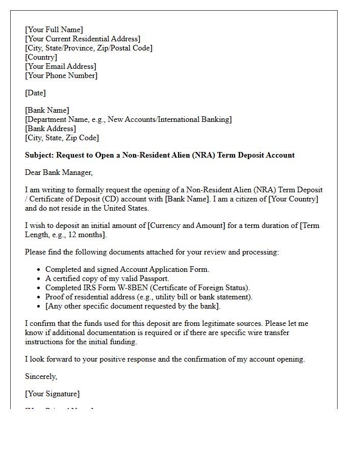 Letter of Request for Non-Resident Alien Term Deposit Account Opening