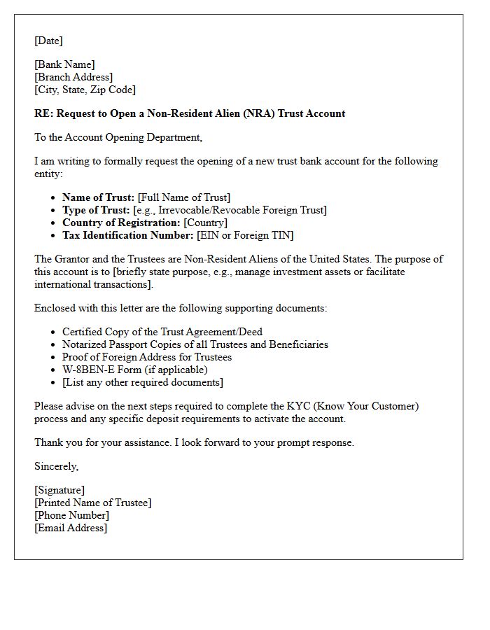 Letter of Request for Non-Resident Alien Trust Account Opening