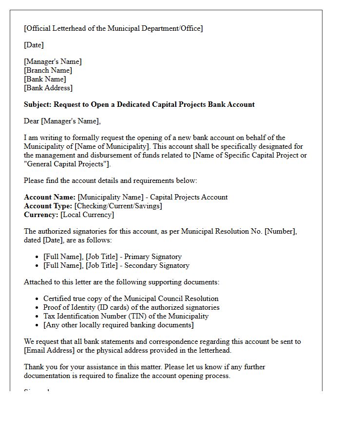Letter of Request for Municipal Government Capital Projects Account Opening
