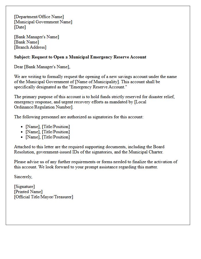 Letter of Request for Municipal Government Emergency Reserve Account Opening