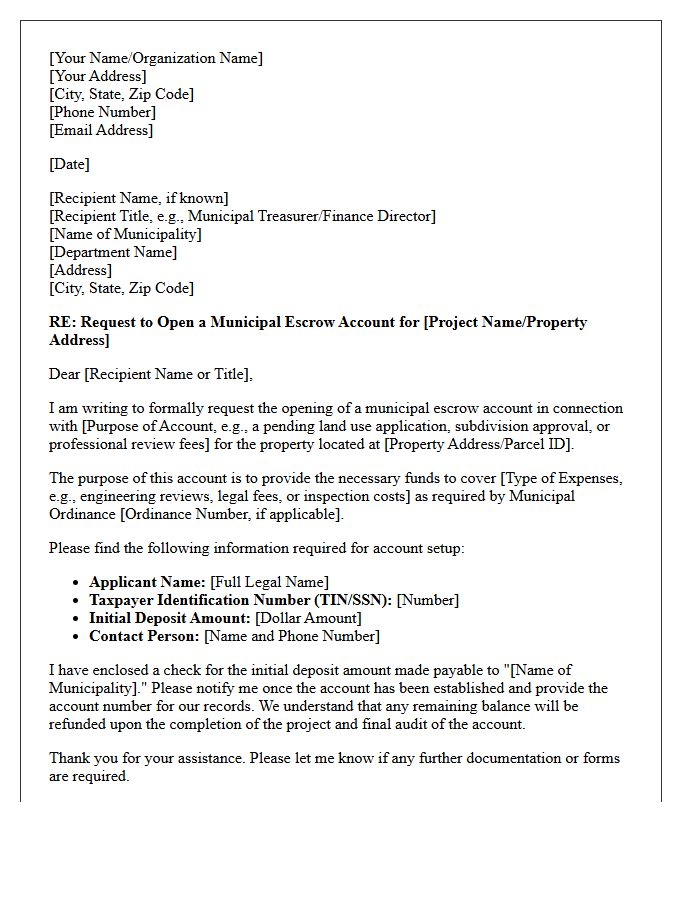 Letter of Request for Municipal Government Escrow Account Opening
