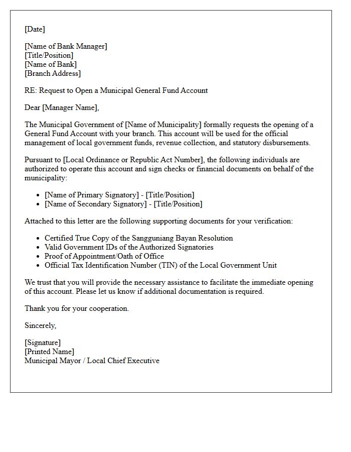 Letter of Request for Municipal Government General Fund Account Opening