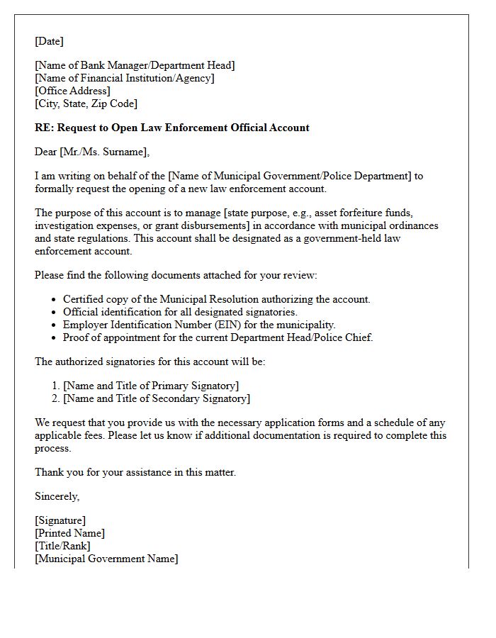 Letter of Request for Municipal Government Law Enforcement Account Opening
