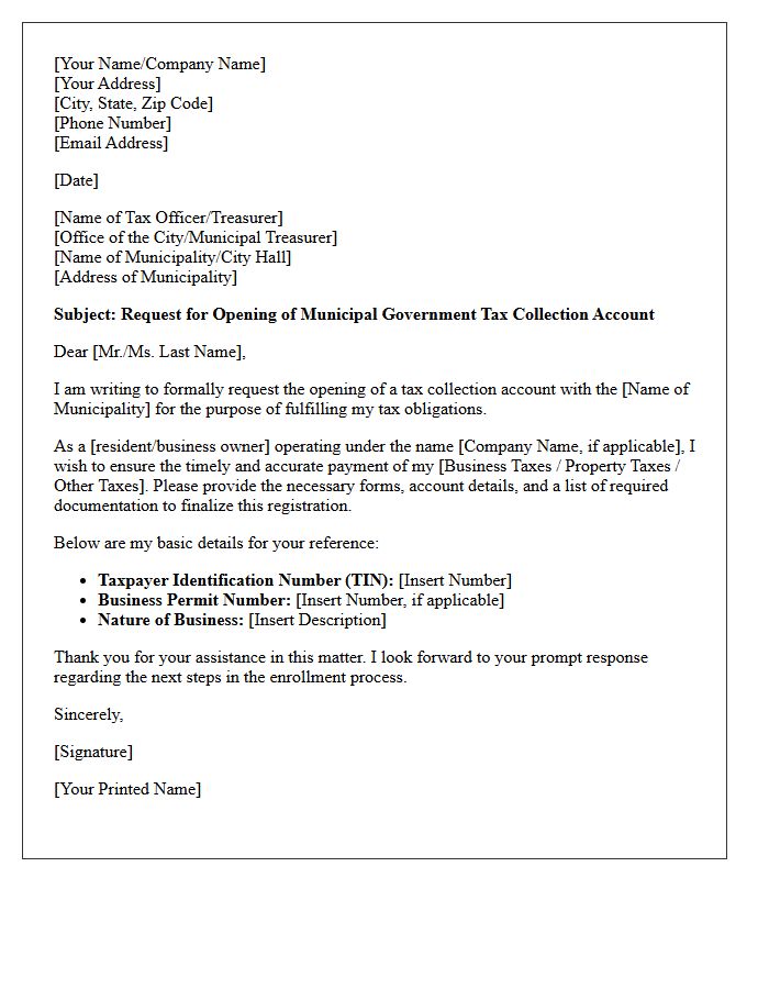 Letter of Request for Municipal Government Tax Collection Account Opening