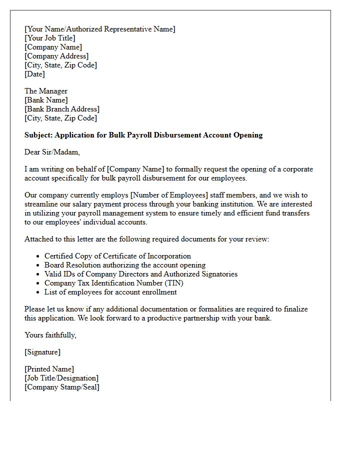 Letter of Application for Bulk Payroll Disbursement Account Opening