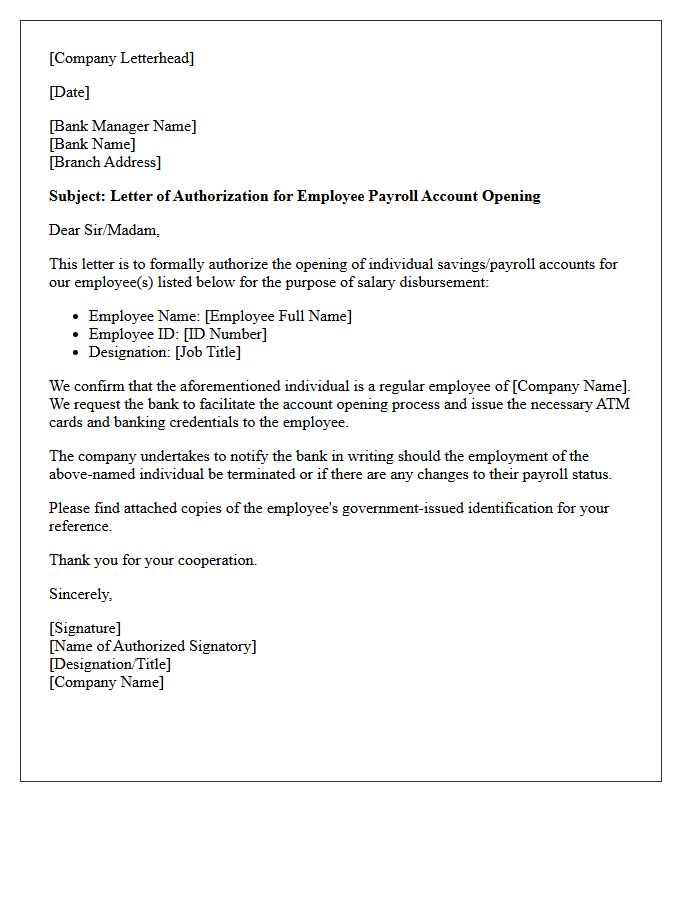 Letter of Authorization for Employee Payroll Disbursement Account Opening