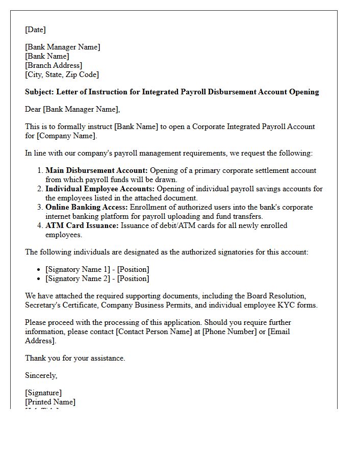 Letter of Instruction for Integrated Payroll Disbursement Account Opening