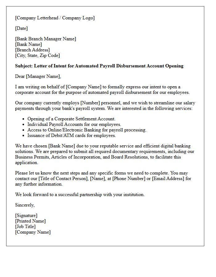 Letter of Intent for Automated Payroll Disbursement Account Opening