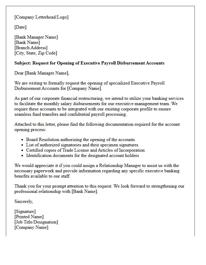 Letter of Request for Executive Payroll Disbursement Account Opening