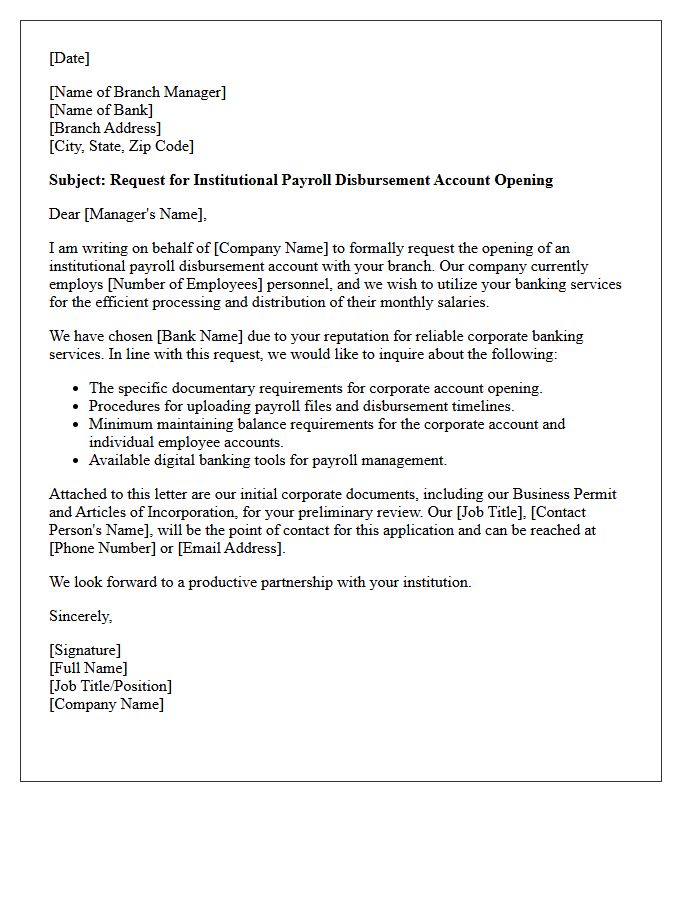 Letter of Request for Institutional Payroll Disbursement Account Opening