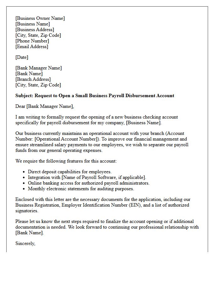 Letter of Request for Small Business Payroll Disbursement Account Opening