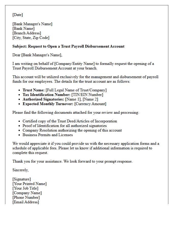 Letter of Request for Trust Payroll Disbursement Account Opening