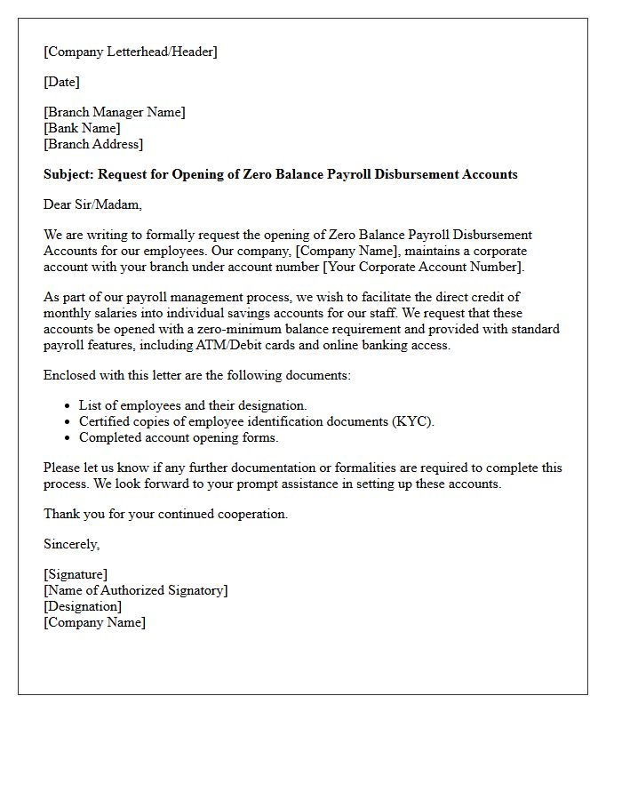 Letter of Request for Zero Balance Payroll Disbursement Account Opening