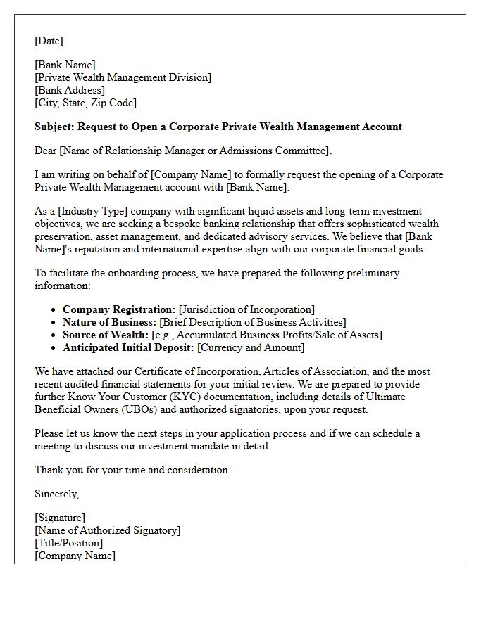 Letter of Request for Corporate Private Wealth Management Account Opening