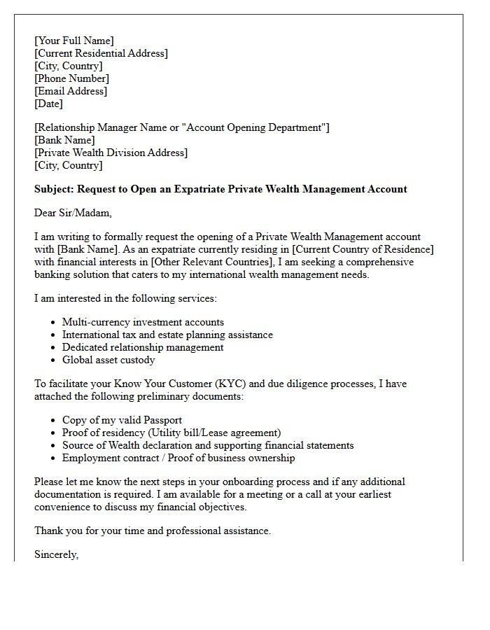 Letter of Request for Expatriate Private Wealth Management Account Opening