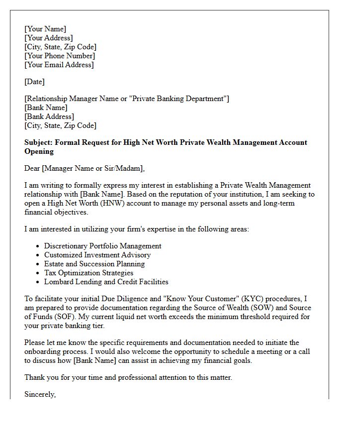 Letter of Request for High Net Worth Individual Private Wealth Management Account Opening