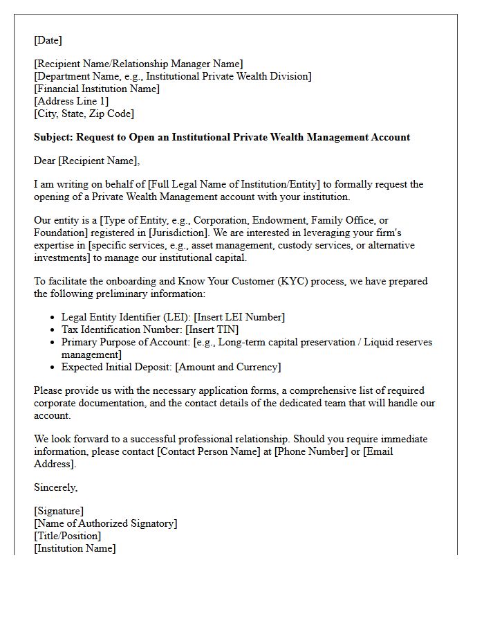 Letter of Request for Institutional Private Wealth Management Account Opening