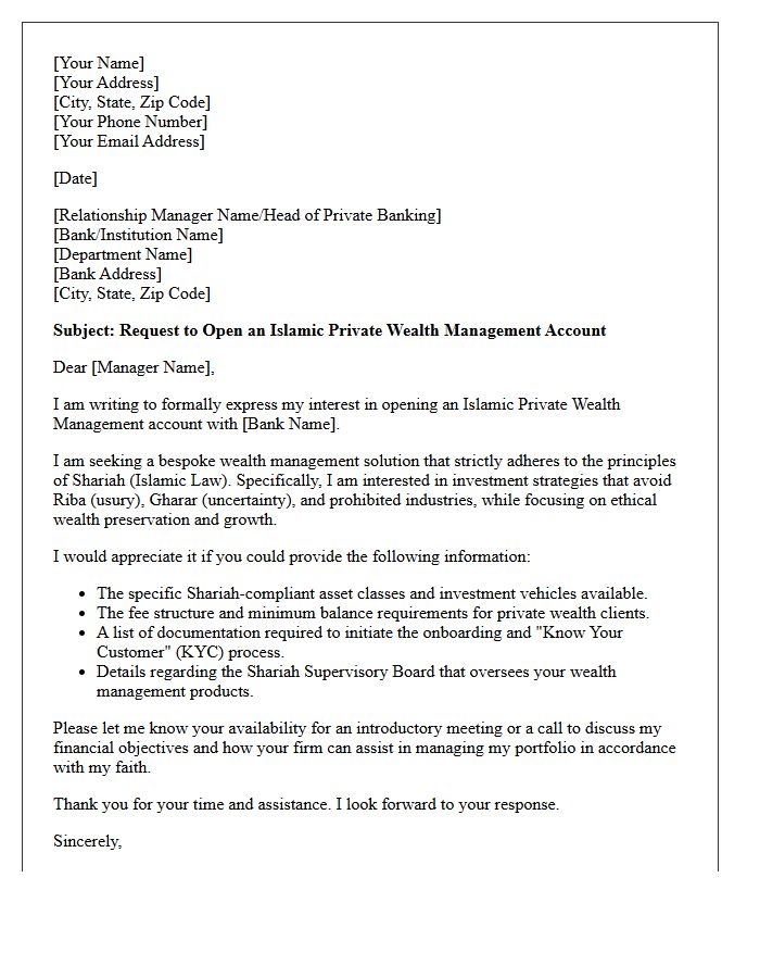 Letter of Request for Islamic Private Wealth Management Account Opening