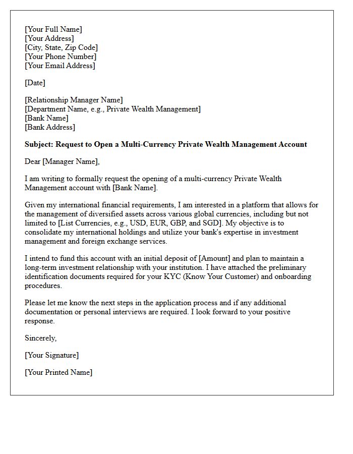 Letter of Request for Multi-Currency Private Wealth Management Account Opening
