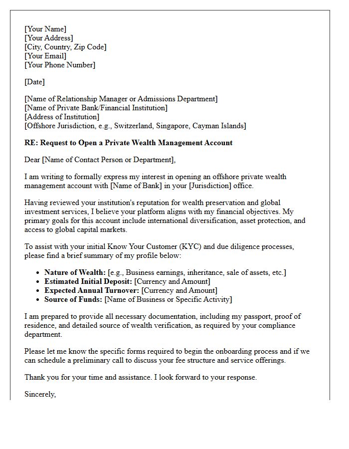 Letter of Request for Offshore Private Wealth Management Account Opening