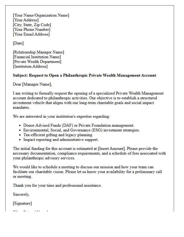 Letter of Request for Philanthropic Private Wealth Management Account Opening
