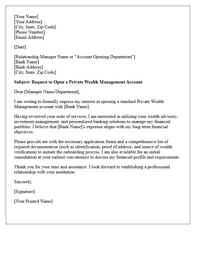 Letter of Request for Standard Private Wealth Management Account Opening