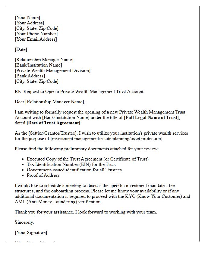 Letter of Request for Trust Private Wealth Management Account Opening