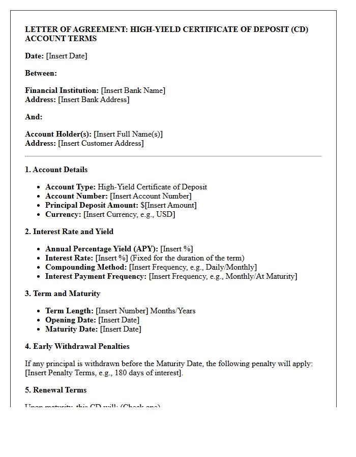 Letter of Agreement for High-Yield Certificate of Deposit Account Terms