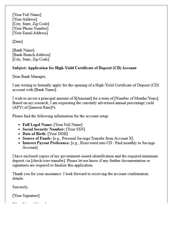 Letter of Application for High-Yield Certificate of Deposit Account Opening