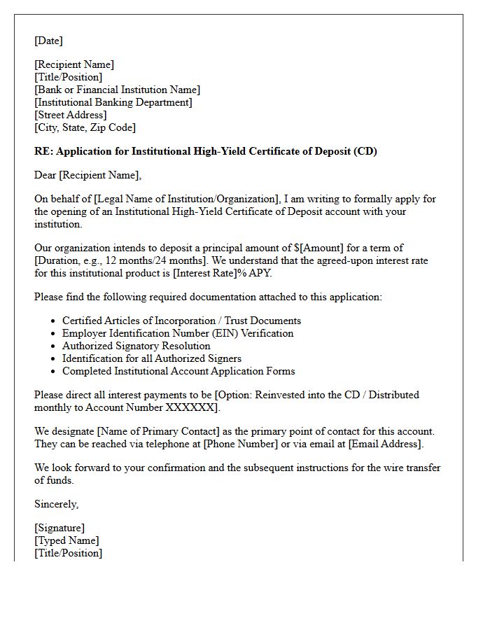 Letter of Application for Institutional High-Yield Certificate of Deposit