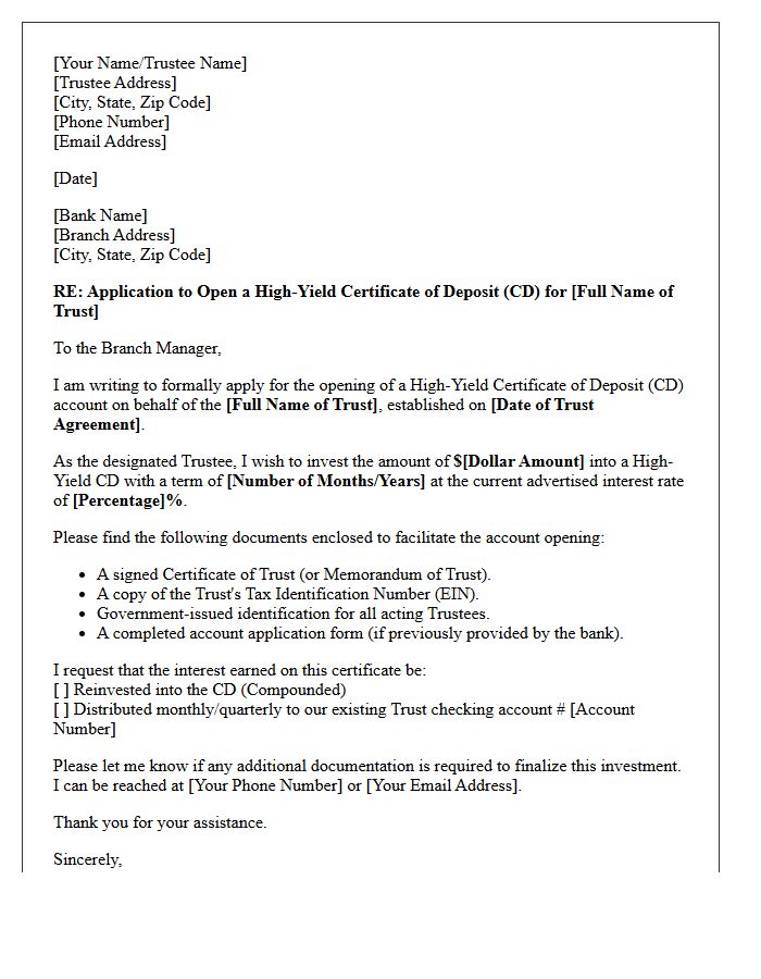 Letter of Application for Trust High-Yield Certificate of Deposit Opening