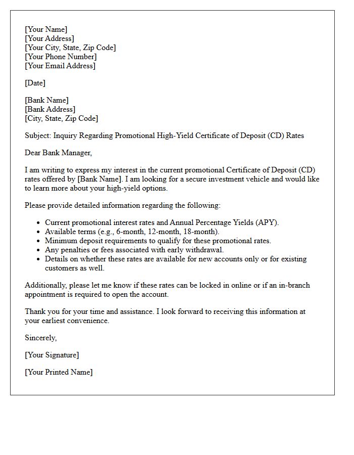 Letter of Inquiry for Promotional High-Yield Certificate of Deposit Rates