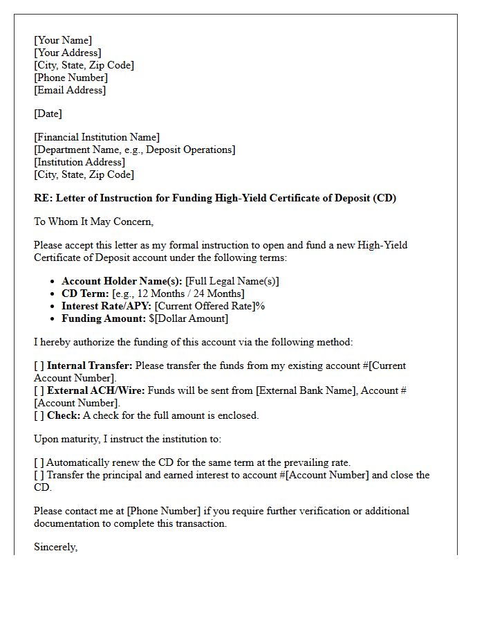 Letter of Instruction for High-Yield Certificate of Deposit Account Funding