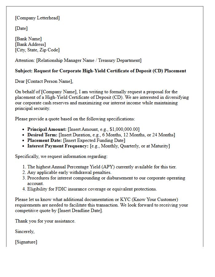 Letter of Request for Corporate High-Yield Certificate of Deposit Placement
