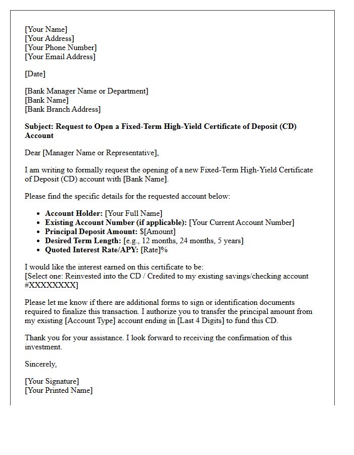 Letter of Request for Fixed-Term High-Yield Certificate of Deposit Account