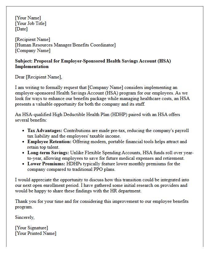 Business Request Letter for Employer-Sponsored Health Savings Account Implementation