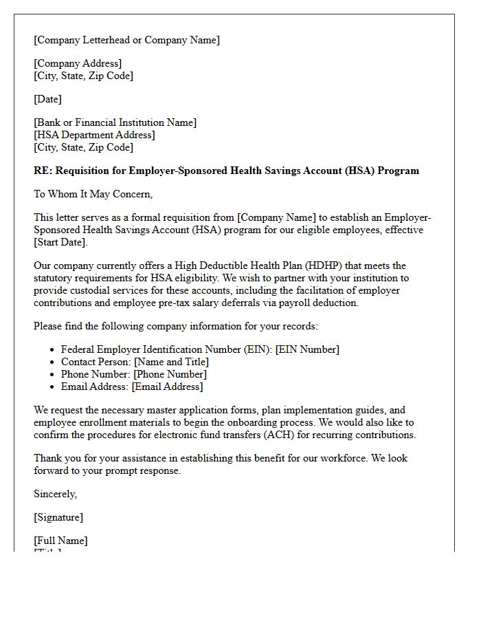 Commercial Letter of Requisition for Employer-Sponsored Health Savings Account Opening