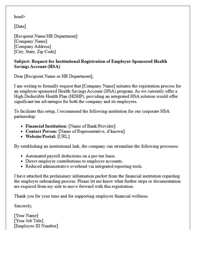 Institutional Request Letter for Employer-Sponsored Health Savings Account Registration