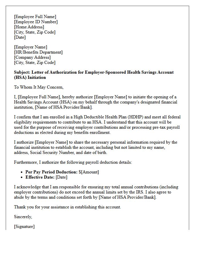 Letter of Authorization for Employer-Sponsored Health Savings Account Initiation